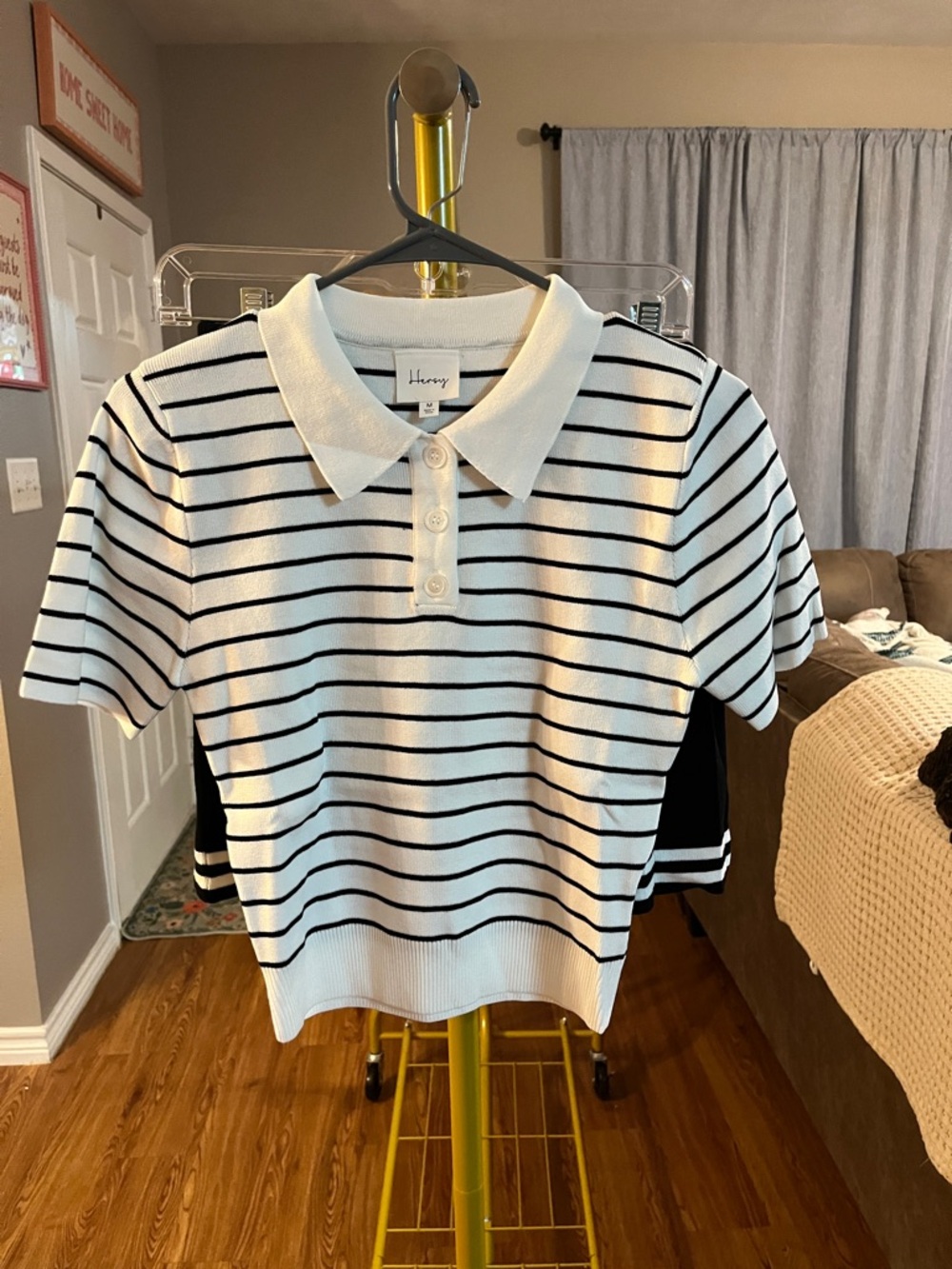 Striped Knit Polo Top - White with Black Stripes and Matching Black Skirt